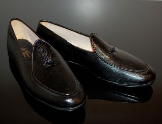   Black Lizard Print Leather Belgian Shoes Loafers Bow Slippers NR 12.5