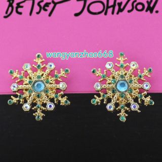 Betsey Johnson Green Clear AB Crystals Gold Plated Ear Studs Earrings 