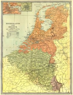 Netherlands Belgium Inset Map of Amsterdam Area Brussels 1907
