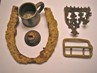 Colonial Relics Bell Pewter Cup Horse Shoe Buckle Etc