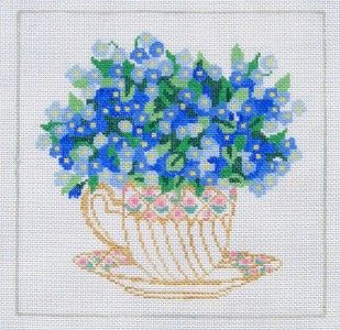 Jean Smith Forget Me Nots in A Tea Cup Handpainted HP Needlepoint 