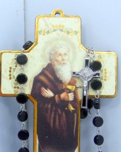 Saint St Benedict Wall Cross & Rosary Black Glass Silver Plated Beads 