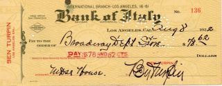 Silent Star Ben Turpin Signed Personal Check 1922
