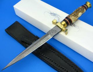 Damascus Steel Double Edged Dagger Fixed Blade Stag Handle Knife w 