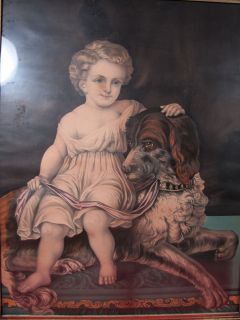   Stone Lithograph 1800s Girl Toddler w St Bernard Dog Yqz
