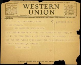 Bette Davis Vintage Original 1929 Telegram to Broadway Producer Lewis 
