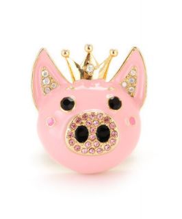 Betsey Johnson Inlaid rhinestones lovely crown pink small pig ring 