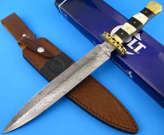Colt Damascus Steel Double Edge Dagger Fixed Blade Knife Bone Horn 