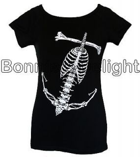   & ROSES SKELETON TATTOO BLACK BLUE LACE BOW ANNABEL T SHIRT TOP