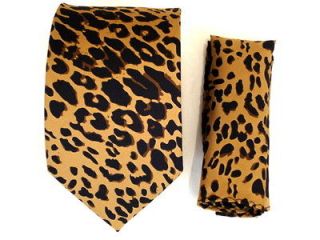 leopard animal print polyester necktie hankie set brown