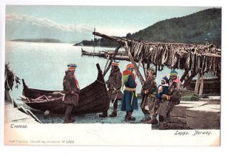 Norway postcard Tromso Lapps costume boats fishing undivided back
