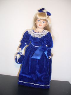 Beautiful Long Blonde Hair Big Blue Eyes Blue Velvet Outfit and Pearls 