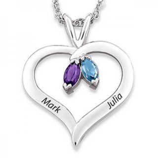   Sterling Silver Couples Marquise Birthstone Heart Name Necklace