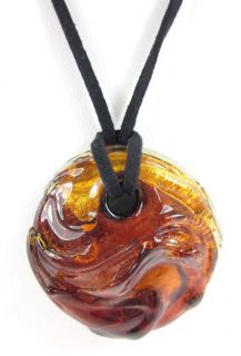   Metallic Orange Glass Circle Pendant Black Suede String Necklace