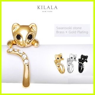   Jewelry Cat Kitty Ring Swarovski Crystals Sterling Black Silver Gold