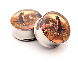 Pair of Vintage Cats on A Bike Picture Plugs Gauges Choose Size New 