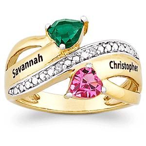   Couples Two Tone Gold Plated Heart Cut Name Birthstone Ring