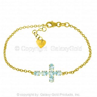 Natural Aquamarine Gemstones Cross Bracelet 14k Solid Yellow White or 