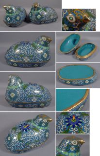   ANTIQUE CHINESE CLOISONNE BIRD JARS LIDDED BOXES TURQUOISE GLASS EYES