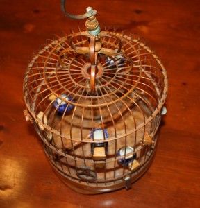  Asian Chinese Bamboo Bird Cage w Canton Porcelain Feeders