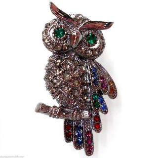 Vintage Colorized Crystal Owl Bird Pin Brooch BH7198
