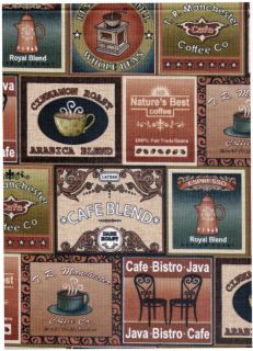 Cafe Bistro Coffee Labels Fabric BTY