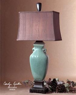   Aqua Blue Crackle Porcelain Lamp with Brown Silken Shade