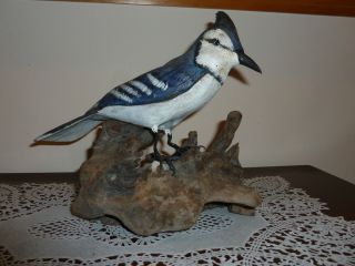Antique Blue Jay on Base by Kurkewicz Master Carver Wildlife Carvings 