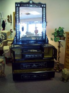 Antique Mother of Pearl Black Lacquer Dresser EXC in Lustrous New 