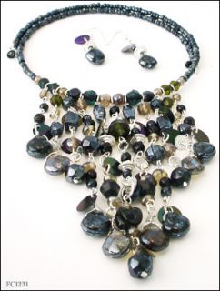 Black Hand Made Glass Bead Choker Chandelier Necklace Earrings Jewelry 