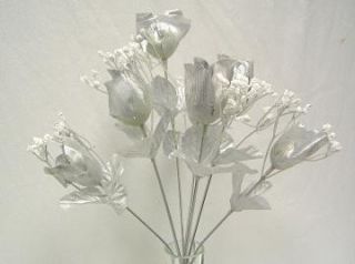   Silk Roses Buds Wedding Bouquet Flowers 25th Anniversary Centerpiece