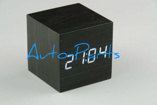 Modern Desk Clock Black Wood USB AAA Cube Alarm Wooden Digital White 