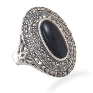 Sterling Silver Marcasite Black Onyx Oval Ring