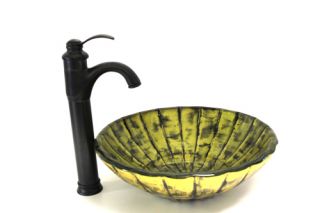 New Hand Paint Yellow & Black Tempered Glass Vessel Sink, 14 Tall 