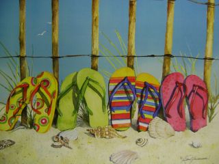 ALL IN A ROW PRINT BY BARB TOURTILLOTTE WITH FLIP FLOPS LINED UP ON 