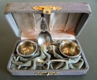 1800s James E Blake & Sons Sterling Silver Salt Cellars and Spoons 