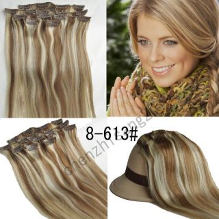20 70g Clip in Human Hair Extensions Brown Blonde Mix