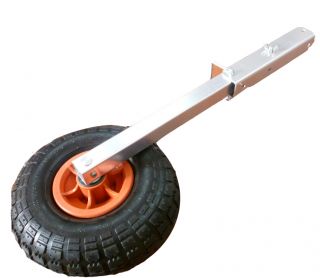 Wheels easily lock up when not in use and easily fold down for boat 