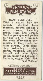 Joan Blondell 1935 Carreras Famous Film Stars Tobacco Card