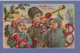   Vintage PC Children Blow Horns Doll Sled Snowman Winter Scene