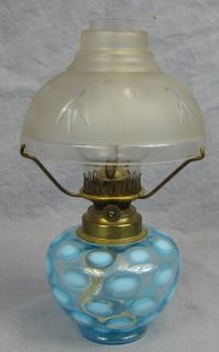   Vintage Small Oil Lamp with Chimney Shade Blue Coinspot Base