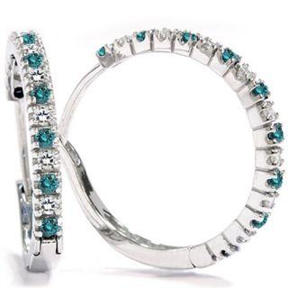 2ct Blue White Diamond Hoops White Gold Earrings 14k Womens Prong 