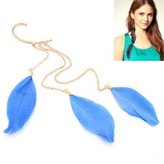 E1177 Long Gold Metal Blue Feather Chain Tassel Ear Cuff Earring Hook 