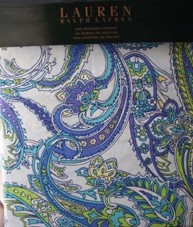    Cotton Fabric Shower Curtain Blue Green Yellow White Paisley New