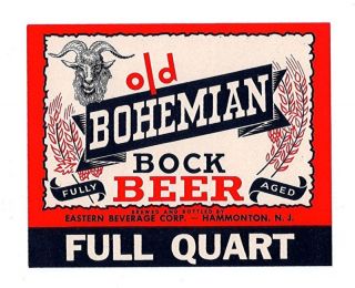 Old Bohemian Bock Beer Bottle Label Hammonton N J