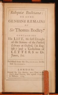 1703 Reliquiae Bodleianae Sir Thomas Bodley First Ed