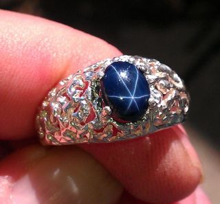   Mens Deep Blue Star Sapphire Nugget Ring Natural Genuine 6 Ray Star