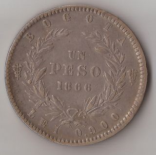 WONDERFUL BOGOTA COLOMBIA 1 PESO 1866 SILVER COIN