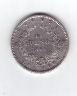 Colombia Bogota 1864 Un Peso Silver 900 Coin Scarce