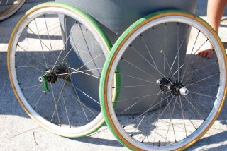 19 BMX racing rims with green sew up tires ti spokes T1000 hubs answer